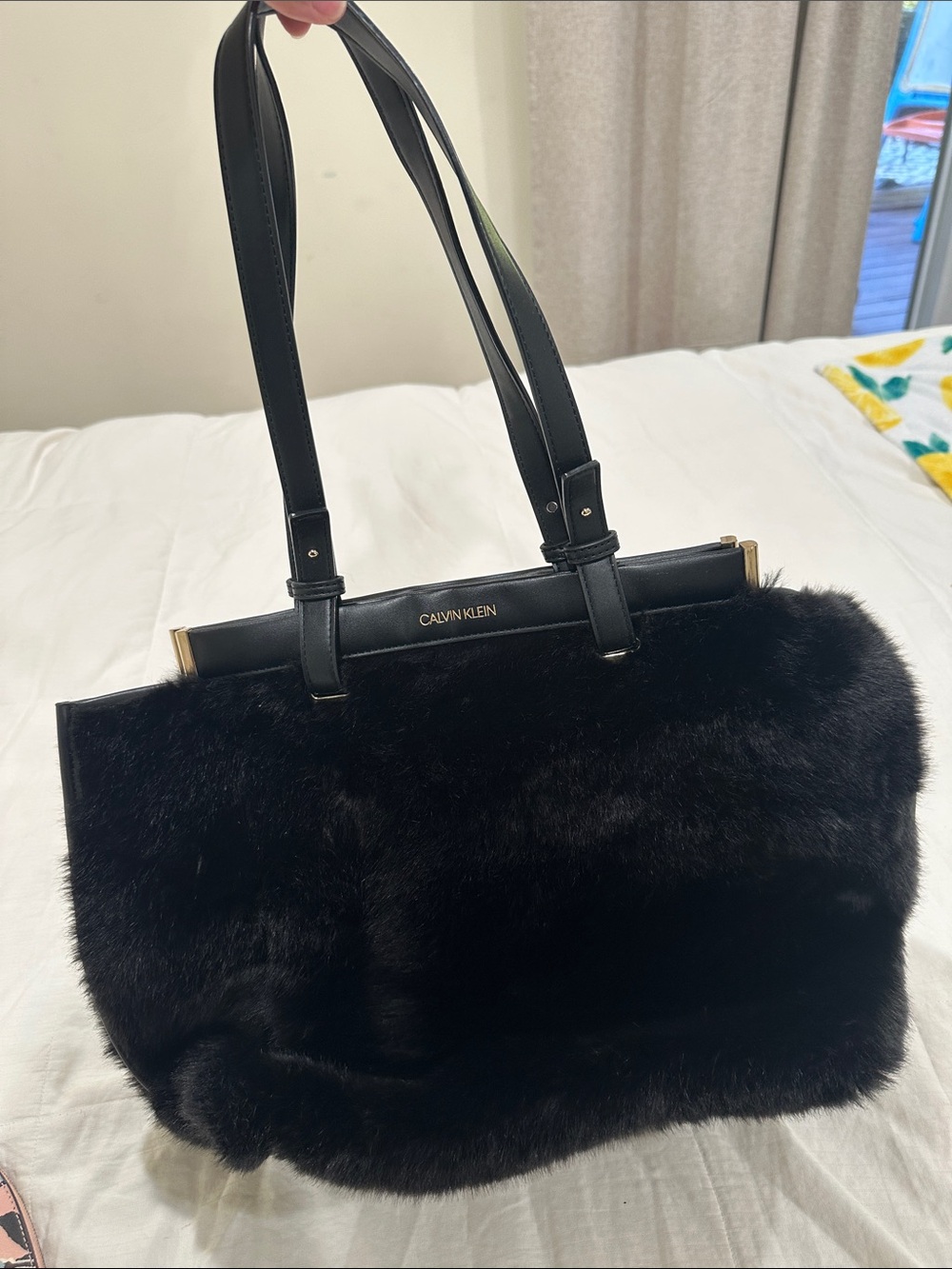 Calvin Klein Black Faux Fur Shoulder Tote with Gold Accents